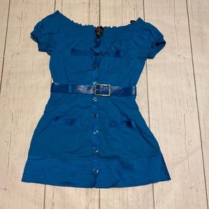 2b Bebe women of shoulder mini dress with belt size M blue color like new